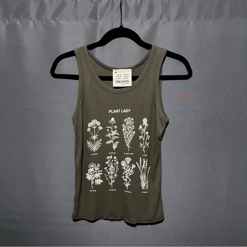 French Pastry Plant Lady Ribbed Tank Top Small Olive Green Floral Botanical Herb